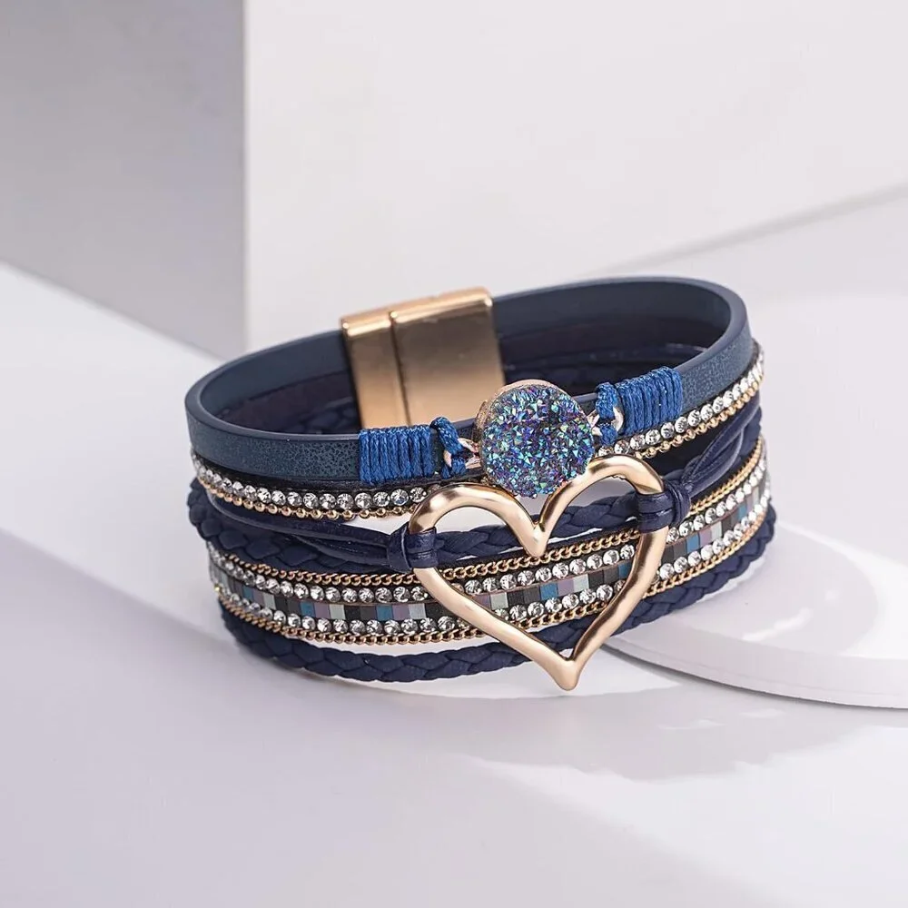 Women's Blue Heart Leather Wrap Stackable Boho Resin Stone Rhinestone Bracelets